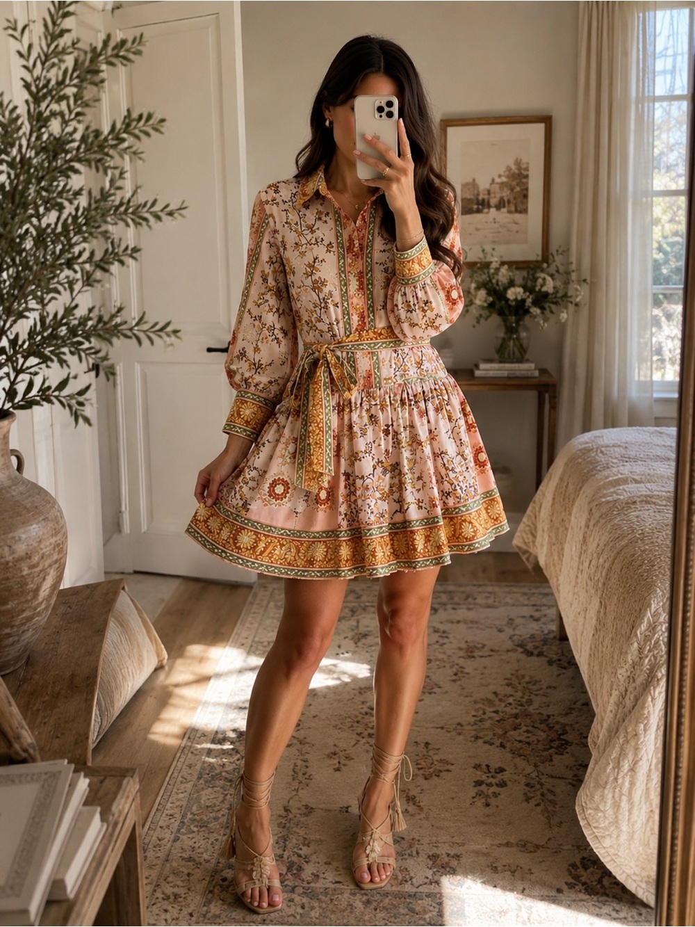 Kobi Halperin Bohemian Floral Tie Waist Mini Shirt Dress Pink XS